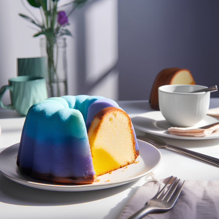 Cake with blue and yellow frosting and a cup of coffeeの素材