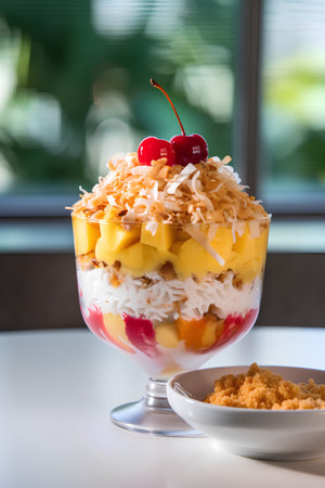 Dessert with mango, coconut and cherries in a glass.の素材
