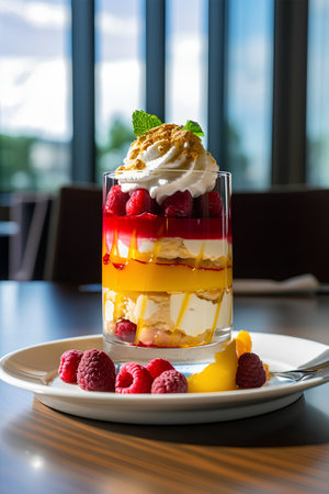dessert with raspberries and meringue in a glassの素材