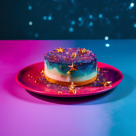 Cake with glaze and stars on a pink plate on a blue backgroundの素材