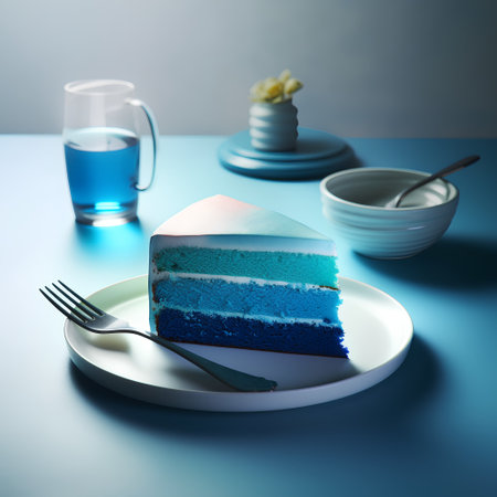 Blue cake on a white plate with spoon and fork on blue backgroundの素材