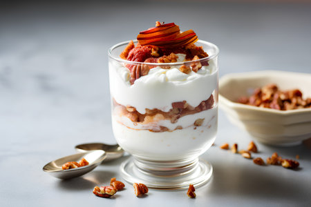 Greek yogurt with granola and dried apricots, selective focus.の素材