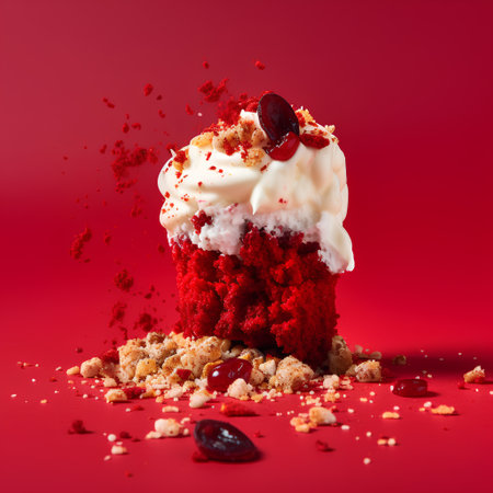Cupcake with whipped cream and cherries on a red backgroundの素材