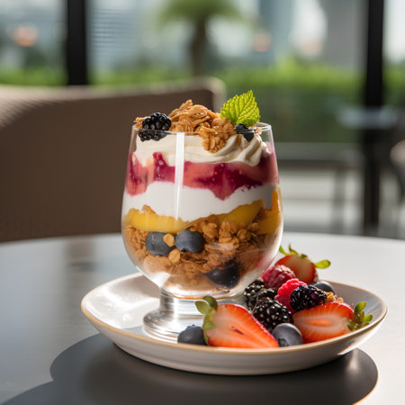 Greek yogurt parfait with fresh berries and granola in a glassの素材