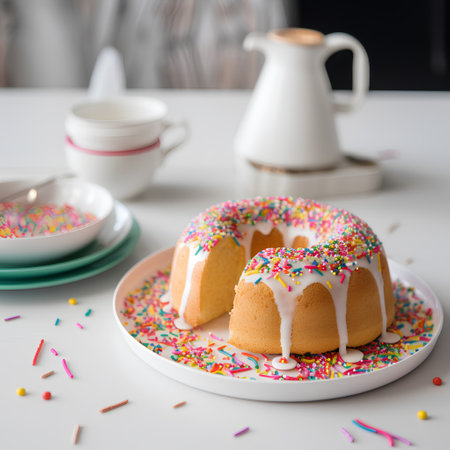 Delicious Easter cake with icing and sprinkles on a white backgroundの素材