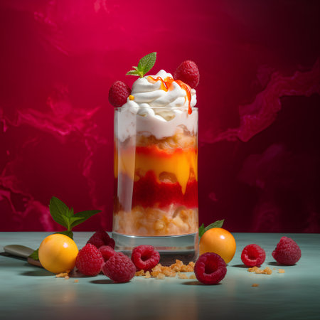 Delicious dessert with fruits and whipped cream in a glass on a red backgroundの素材