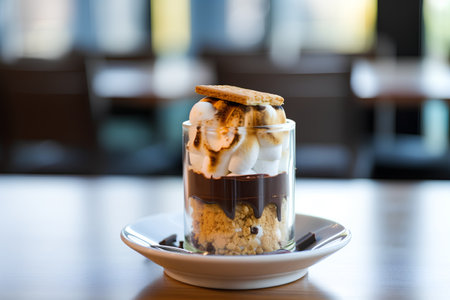 Chocolate Souffle with whip cream in glass on wooden tableの素材