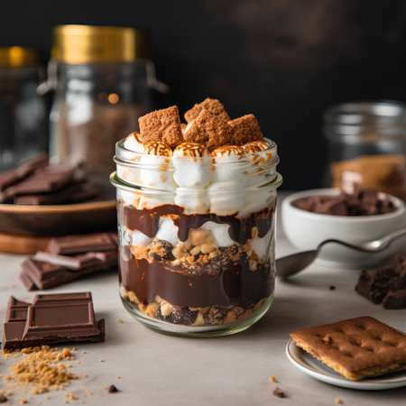 Chocolate mousse with marshmallows in a glass jar, squareの素材