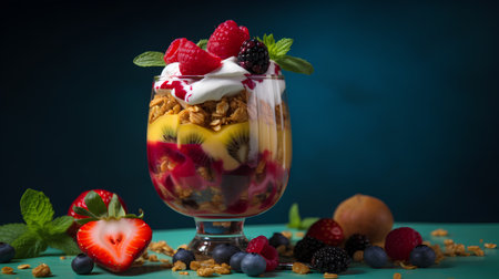 Granola with yogurt and fresh berries in a glass on a blue backgroundの素材