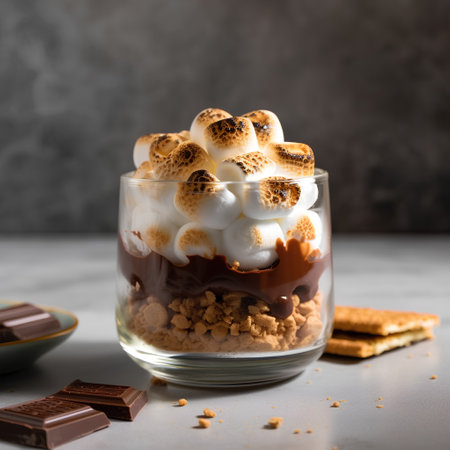 Glass of chocolate mousse with whipped cream and chocolate bars on grey backgroundの素材