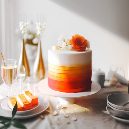 Beautiful wedding cake with orange and white flowers on the table.の素材