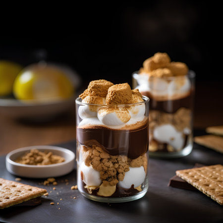 Dessert with chocolate and marshmallows in a glass, selective focusの素材