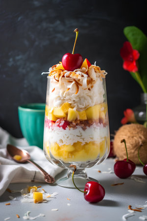 Healthy breakfast. Dessert of mango, coconut and granola in a glass on a dark backgroundの素材