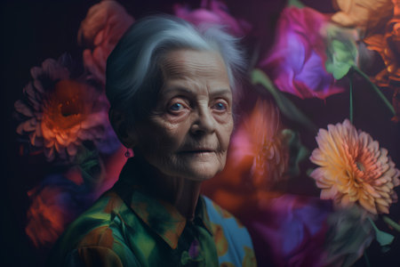 Portrait of an elderly woman with flowers on a dark background.の素材