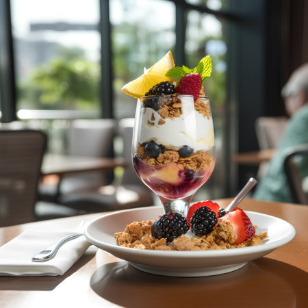 Greek yogurt parfait with granola and berries on wooden tableの素材