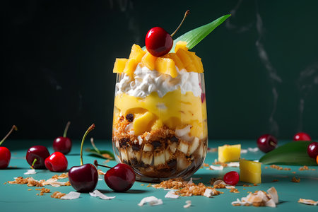 Healthy layered dessert in a glass with mango, cherries and granolaの素材