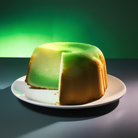 Green tea cake on white plate on green background with green light.の素材