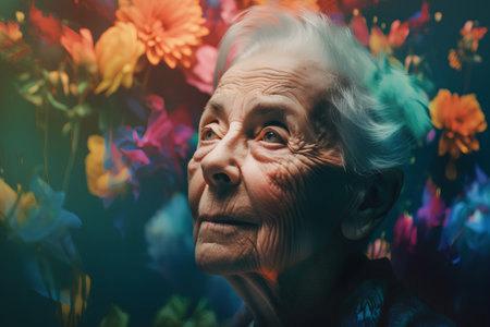 Portrait of an old woman with flowers. Photo in old color image style.の素材