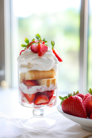 Strawberry cake with whipped cream and fresh strawberries in a glassの素材