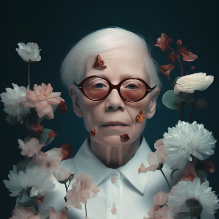 Portrait of an old woman with flowers on a dark background.の素材