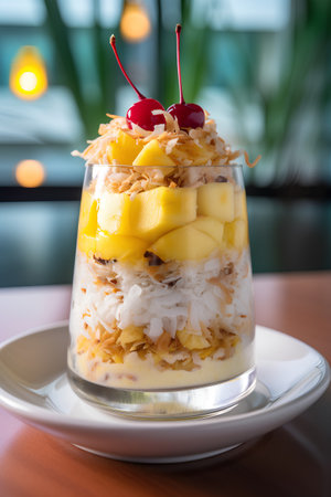Dessert with coconut, mango and cherries in a glass.の素材