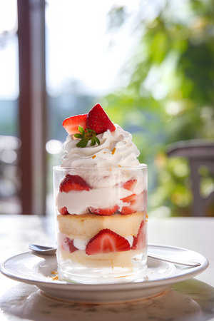 Strawberry cake with whipped cream and fresh strawberries, selective focusの素材