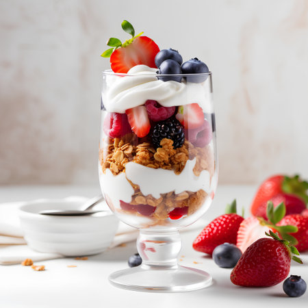 Greek yogurt parfait with muesli and fresh berries in a glassの素材