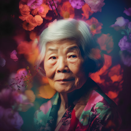Portrait of an elderly asian woman on a background of flowersの素材