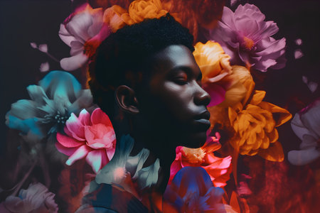 Beauty portrait of young african american woman with flowers.の素材