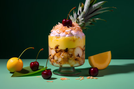 Dessert with mango, cherries and granola in glass on green backgroundの素材