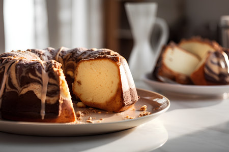 Slices of homemade bundt cake with chocolate glaze on a plateの素材