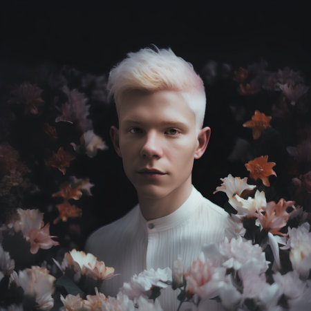 Portrait of a handsome young man with short blond hair on a background of flowersの素材