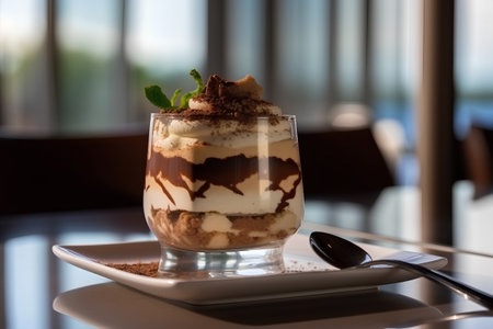 Classic tiramisu dessert in a glass cup, shallow DOFの素材