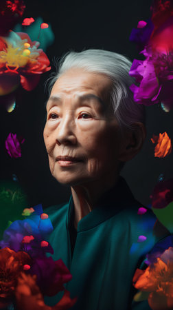 Portrait of an elderly woman among flowers on a black background.の素材