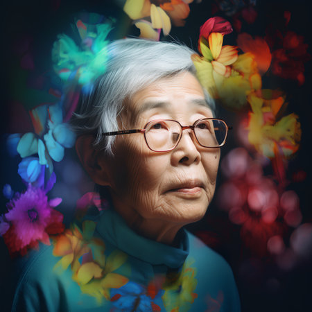 Portrait of asian senior woman wearing eyeglasses with floral backgroundの素材
