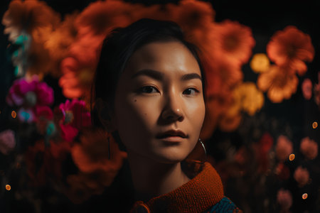 Portrait of a beautiful young asian woman on a background of flowers.の素材