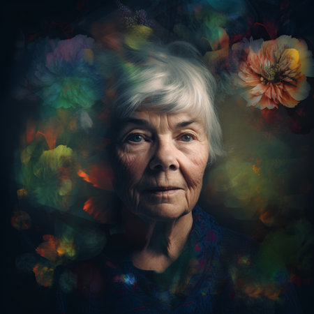 Portrait of an elderly woman with flowers on a dark background.の素材