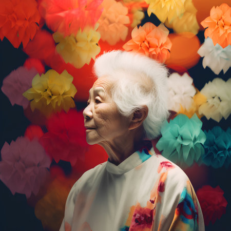 Portrait of asian senior woman with colorful paper flowers on black backgroundの素材