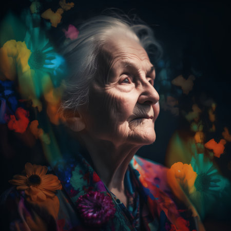 Portrait of a beautiful elderly woman with flowers on a dark backgroundの素材