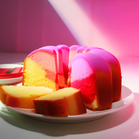 Slices of sponge cake on a white plate on a pink backgroundの素材