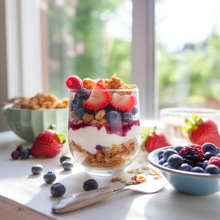 Healthy breakfast with granola, yogurt and berries in a glassの素材