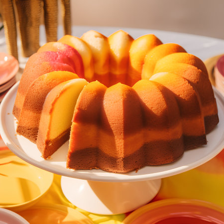 Close-up of a slice of peach cake on a white plateの素材
