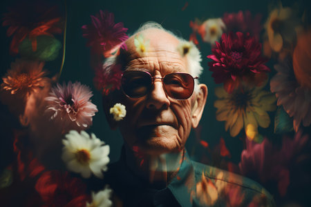 Portrait of an old man with flowers. Photo in old color image style.の素材
