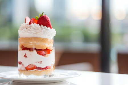 Strawberry dessert with whipped cream and fresh strawberries on top.の素材