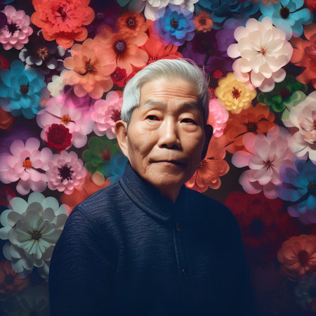 Portrait of an old asian man with colorful flowers background.の素材