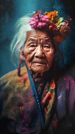 Portrait of an old asian woman with flowers in her hair.の素材