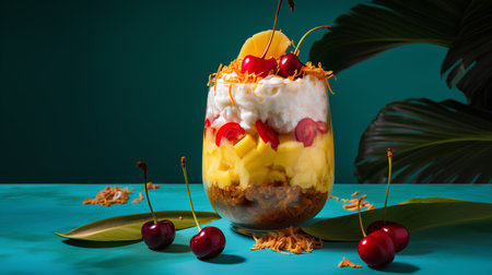 Healthy breakfast with granola, yogurt, fruits and berries in glass on blue backgroundの素材