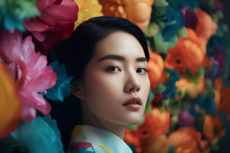 Portrait of a beautiful asian woman with flowers in her hairの素材