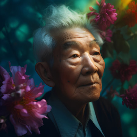 Portrait of an elderly asian woman with flowers in her hairの素材