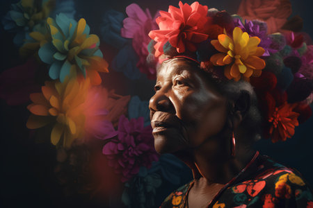 Portrait of an elderly African woman with flowers in her hair.の素材